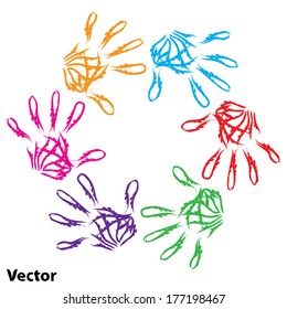 Vector concept or conceptual human child abstract colorful paint hand print circle symbol isolated on white background, for art, education, school, creative, friendship, unity, team, teamwork or play