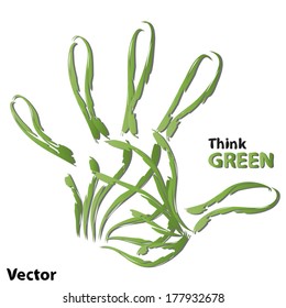 Vector concept or conceptual human or child green ecology hand print symbol  of leafs, isolated on white background, metaphor to nature, environment, recycle, bio, ecological, conservation, ecosystem