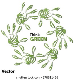Concepto vectorial o concepto niño niño abstracto ecología verde mano símbolo de las hojas, aislado sobre fondo blanco, metáfora a la naturaleza, medio ambiente, reciclar, bio, conservación, amistad, unidad