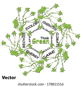 Concepto vectorial o concepto niño niño abstracto ecología verde mano símbolo de las hojas, aislado sobre fondo blanco, metáfora a la naturaleza, medio ambiente, reciclar, bio, conservación, amistad, unidad