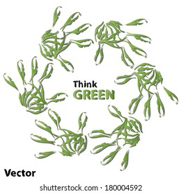 Vector concept or conceptual human child abstract green ecology hand print symbol of leafs, isolated on white background, metaphor to nature, environment, recycle, bio, conservation, friendship, unity