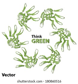 Vector concept or conceptual human child abstract green ecology hand print symbol of leafs, isolated on white background, metaphor to nature, environment, recycle, bio, conservation, friendship, unity