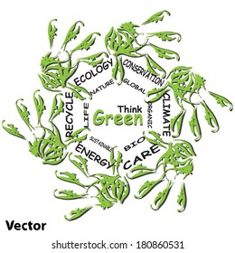 Vector concept or conceptual human child abstract green ecology hand print symbol of leafs, isolated on white background, metaphor to nature, environment, recycle, bio, conservation, friendship, unity