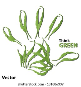 Vector concept or conceptual human or child green ecology hand print symbol  of leafs, isolated on white background, metaphor to nature, environment, recycle, bio, ecological, conservation, ecosystem