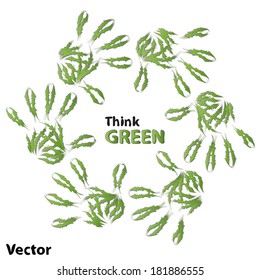 Vektor-Konzept oder konzeptionelles menschliches Kind abstrakte grüne Ökologie handdrucken Symbol von Blättern einzeln auf weißem Hintergrund, Metapher für Natur, Umwelt, Recycling, Bio, Erhaltung, Freundschaft, Einheit