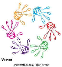 Vector concept or conceptual human child abstract colorful paint hand print circle symbol isolated on white background, for art, education, school, creative, friendship, unity, team, teamwork or play