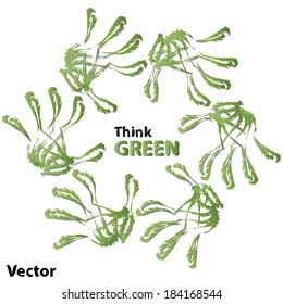 Concepto vectorial o concepto niño niño abstracto ecología verde mano símbolo de las hojas, aislado sobre fondo blanco, metáfora a la naturaleza, medio ambiente, reciclar, bio, conservación, amistad, unidad
