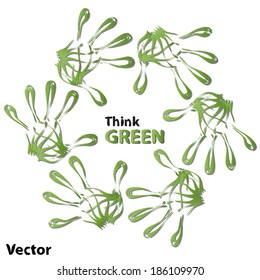 Vector concept or conceptual human child abstract green ecology hand print symbol of leafs, isolated on white background, metaphor to nature, environment, recycle, bio, conservation, friendship, unity