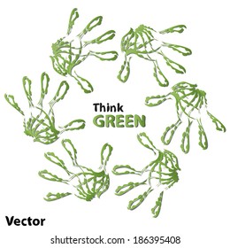 Vector concept or conceptual human child abstract green ecology hand print symbol of leafs, isolated on white background, metaphor to nature, environment, recycle, bio, conservation, friendship, unity