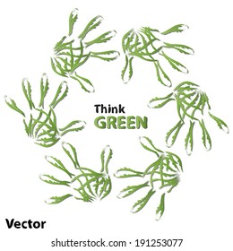 Vector concept or conceptual human child abstract green ecology hand print symbol of leafs, isolated on white background, metaphor to nature, environment, recycle, bio, conservation, friendship, unity