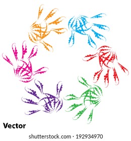 Vector concept or conceptual human child abstract colorful paint hand print circle symbol isolated on white background, for art, education, school, creative, friendship, unity, team, teamwork or play