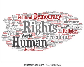 Concepto vectorial o libertad política conceptual de derechos humanos, democracia abstracta nube de palabras aislada fondo. Collage de la humanidad tolerancia mundial, principios jurídicos, discriminación de la justicia de las personas texto