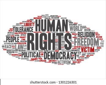 Vector concept or conceptual human rights political freedom, democracy abstract word cloud isolated background. Collage of humanity world tolerance, law principles, people justice discrimination text