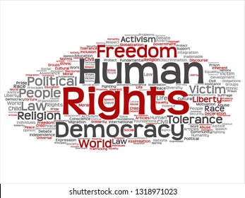 Concepto vectorial o libertad política conceptual de derechos humanos, democracia abstracta nube de palabras aislada fondo. Collage de la humanidad tolerancia mundial, principios jurídicos, discriminación de la justicia de las personas texto
