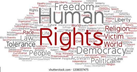 Concepto vectorial o libertad política conceptual de derechos humanos, democracia abstracta nube de palabras aislada fondo. Collage de la humanidad tolerancia mundial, principios jurídicos, discriminación de la justicia de las personas texto