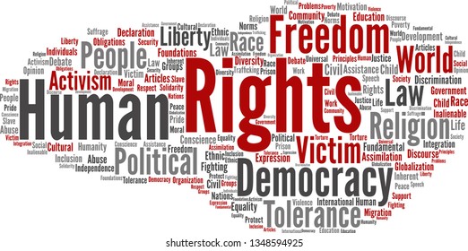 Vector concept or conceptual human rights political freedom, democracy abstract word cloud isolated background. Collage of humanity world tolerance, law principles, people justice discrimination text