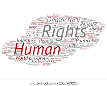 Vektorkonzept oder konzeptionelle Menschenrechte politische Freiheit, Demokratie abstraktes Wort Cloud isolierten Hintergrund. Collage of Menschheit Welt Toleranz, Rechtsgrundsätze, Menschen Gerechtigkeit Diskriminierung Text
