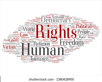 Concepto vectorial o libertad política conceptual de derechos humanos, democracia abstracta nube de palabras aislada fondo. Collage de la humanidad tolerancia mundial, principios jurídicos, discriminación de la justicia de las personas texto