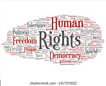 Vector concept or conceptual human rights political freedom, democracy abstract word cloud isolated background. Collage of humanity world tolerance, law principles, people justice discrimination text