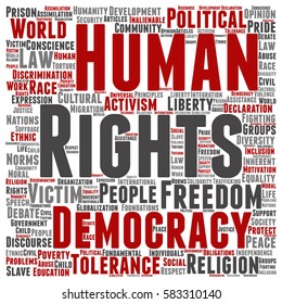 Vector concept or conceptual human rights political freedom or democracy square word cloud isolated on background metaphor to humanity world tolerance, law principles, people justice discrimination