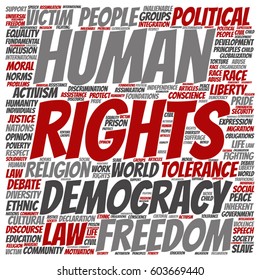 Concepto vectorial o derechos humanos conceptuales libertad política o democracia nube de palabras cuadradas aisladas en metáfora de fondo a la humanidad tolerancia mundial, principios jurídicos, discriminación de la justicia popular