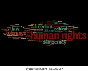 Concepto vectorial o libertad política conceptual de derechos humanos, democracia abstracta nube de palabras aislada fondo. Collage de la humanidad tolerancia mundial, principios jurídicos, discriminación de la justicia de las personas texto