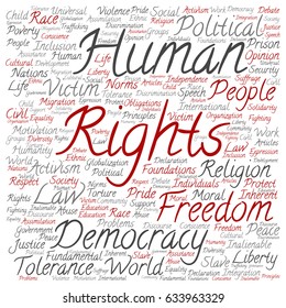 Vector concept or conceptual human rights political freedom, democracy square word cloud isolated background. Collage of humanity world tolerance, law principles, people justice or discrimination text