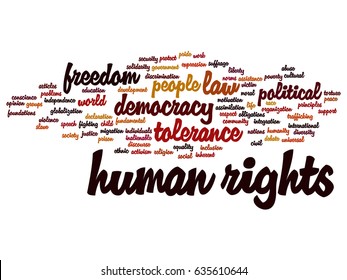 Vector concept or conceptual human rights political freedom, democracy abstract word cloud isolated background. Collage of humanity world tolerance, law principles, people justice discrimination text