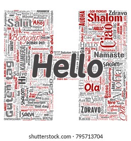 Concepto vectorial o letra conceptual H hola o saludar la nube de palabras del turismo internacional en diferentes idiomas o multilingües. Collage del mundo, extranjero, viajes a nivel mundial, traducciones, vacaciones