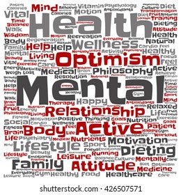 Concepto vectorial o salud mental conceptual o nube de palabras cuadradas de pensamiento positivo aislados en segundo plano, metáfora al optimismo, psicología, mente, salud, pensamiento, actitud, equilibrio o motivación