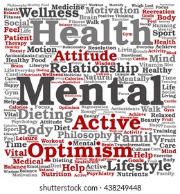 Vector concept or conceptual mental health or positive thinking square word cloud isolated on background, metaphor to optimism, psychology, mind, healthcare, thinking, attitude, balnce or motivation