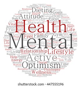 Konzeptionelle psychische Gesundheit oder positives Denken rund um abstrakte Wortwolke einzeln auf dem Hintergrund, Metapher für Optimismus, Psychologie, Geist, Gesundheit, Denken, Gleichgewicht-Motivation