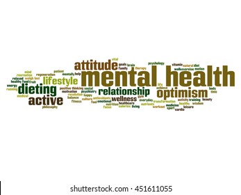 Vector concept or conceptual mental health or positive thinking abstract word cloud isolated on background, metaphor to optimism, psychology, mind, healthcare, thinking, attitude, balance motivation