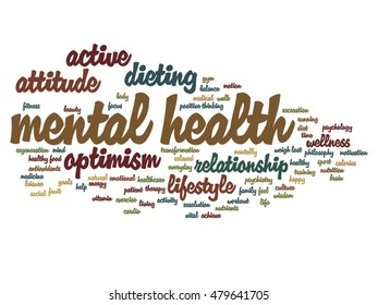 Vector concept or conceptual mental health or positive thinking abstract word cloud isolated on background metaphor to optimism, psychology, mind, healthcare, thinking, attitude, balance or motivation