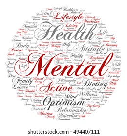 Vector concept conceptual mental health or positive thinking abstract round word cloud isolated on background metaphor to optimism, psychology, mind, healthcare, thinking, attitude, balance motivation