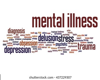 Vector concept conceptual mental illness disorder management or therapy abstract word cloud isolated on background, metaphor to health, trauma, psychology, help, problem, treatment or rehabilitation