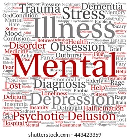 Concepto vectorial Enfermedad mental conceptual manejo o terapia nube de palabras cuadradas aisladas en el fondo, metáfora a la salud, trauma, psicología, ayuda, problema, tratamiento o rehabilitación