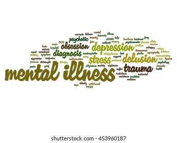 Vector concept conceptual mental illness disorder management or therapy abstract word cloud isolated on background, metaphor to health, trauma, psychology, help, problem, treatment or rehabilitation