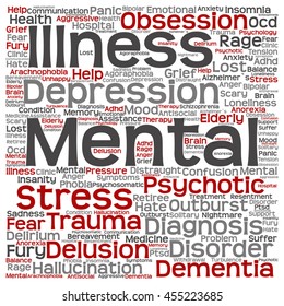 Concepto vectorial Enfermedad mental conceptual terapia de manejo de trastorno abstracto nubes de palabras cuadradas aisladas en metáfora de fondo a la salud, trauma, psicología, ayuda, problema, rehabilitación de tratamiento