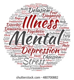 Concepto vectorial Enfermedad mental conceptual manejo de desórdenes o terapia nube de palabras redondas abstracta aislada en metáfora de fondo a la salud, trauma, psicología, ayuda, problema, rehabilitación de tratamiento