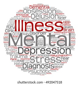 Concepto vectorial Enfermedad mental conceptual manejo de desórdenes o terapia nube de palabras redondas abstracta aislada en metáfora de fondo a la salud, trauma, psicología, ayuda, problema, rehabilitación de tratamiento
