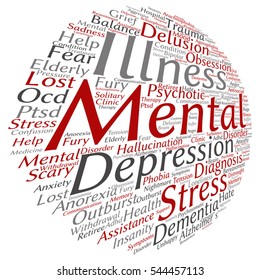 Konzeptionelles Management von psychischen Erkrankungen oder abstrakte Wörterbuchwolke für Therapien, isoliert auf Hintergrundmetapher für Gesundheit, Trauma, Psychologie, Hilfe, Problem, Behandlung oder Rehabilitation