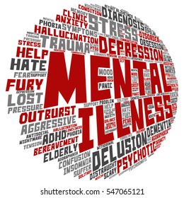 Concepto vectorial Enfermedad mental conceptual manejo de desórdenes o terapia nube de palabras redondas abstracta aislada en metáfora de fondo a la salud, trauma, psicología, ayuda, problema, rehabilitación de tratamiento