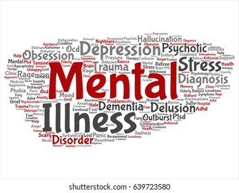 Concepto vectorial Enfermedad mental conceptual manejo de problemas o terapia de nubes de palabras abstractas antecedentes aislados. Collage de textos sobre salud, trauma, psicología, ayuda, tratamiento o rehabilitación