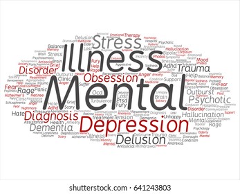 Vector concept conceptual mental illness disorder problem management or therapy abstract word cloud isolated background. Collage of health, trauma, psychology, help, treatment or rehabilitation text