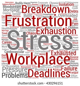 Vector concept conceptual mental stress at workplace or job square word cloud isolated on background, metaphor to health, work, depression, problem, exhaustion, breakdown, deadlines, risk, pressure