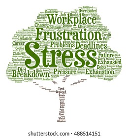 Vector concept conceptual mental stress at workplace job abstract tree word cloud isolated on background metaphor to health, work, depression, problem, exhaustion, breakdown, deadlines, risk, pressure