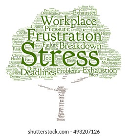 Vector concept conceptual mental stress at workplace job abstract tree word cloud isolated on background metaphor to health, work, depression, problem, exhaustion, breakdown, deadlines, risk, pressure