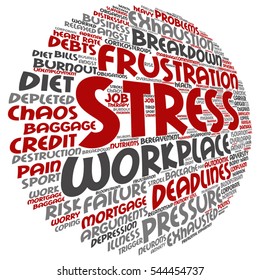Konzeptionelle psychische Belastung am Arbeitsplatz oder abstrakte Wortwolke des Vektorkonzepts einzeln auf der Hintergrundmetapher für Gesundheit, Arbeit, Depression, Problem, Erschöpfung, Untergliederung, Fristen, Risiko, Druck