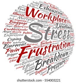 Vector concept conceptual mental stress at workplace or job abstract word cloud isolated on background metaphor to health, work, depression, problem, exhaustion, breakdown, deadlines, risk, pressure